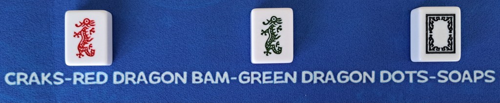 Red Dragon, Green Dragon , White Dragon with description of which dragon pairs with which suit. Red dragons with craks, green dragons with bams, and white dragon or soap with dots.