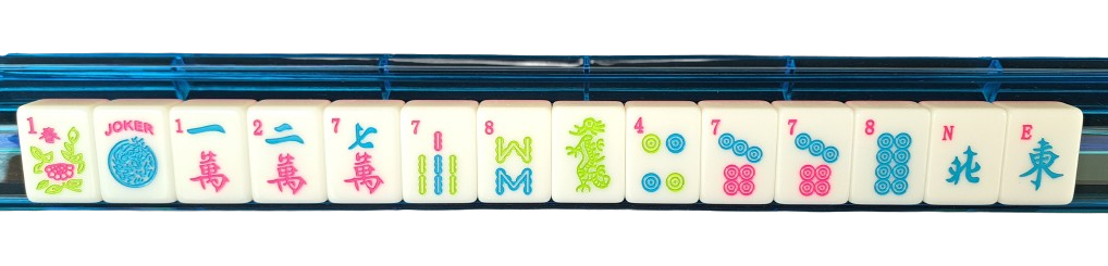 Mahjong tiles on rack organized by suit with dragon. Order is flower, joker, 1,2, and 7 craks, 7 and 8 bams with green dragon, 4, pair of 7s, and 8 dots, and north and east winds.