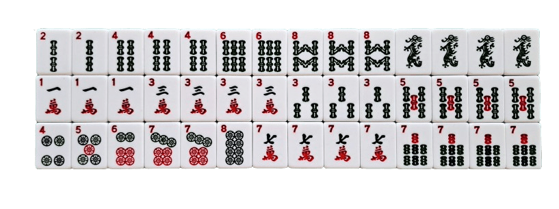 Three American Mahjong hands from the 2025 NMJL card demonstrating suit combinations—one-suit, two-suit, and three-suit examples—highlighting how colors on the card indicate the number of suits required.