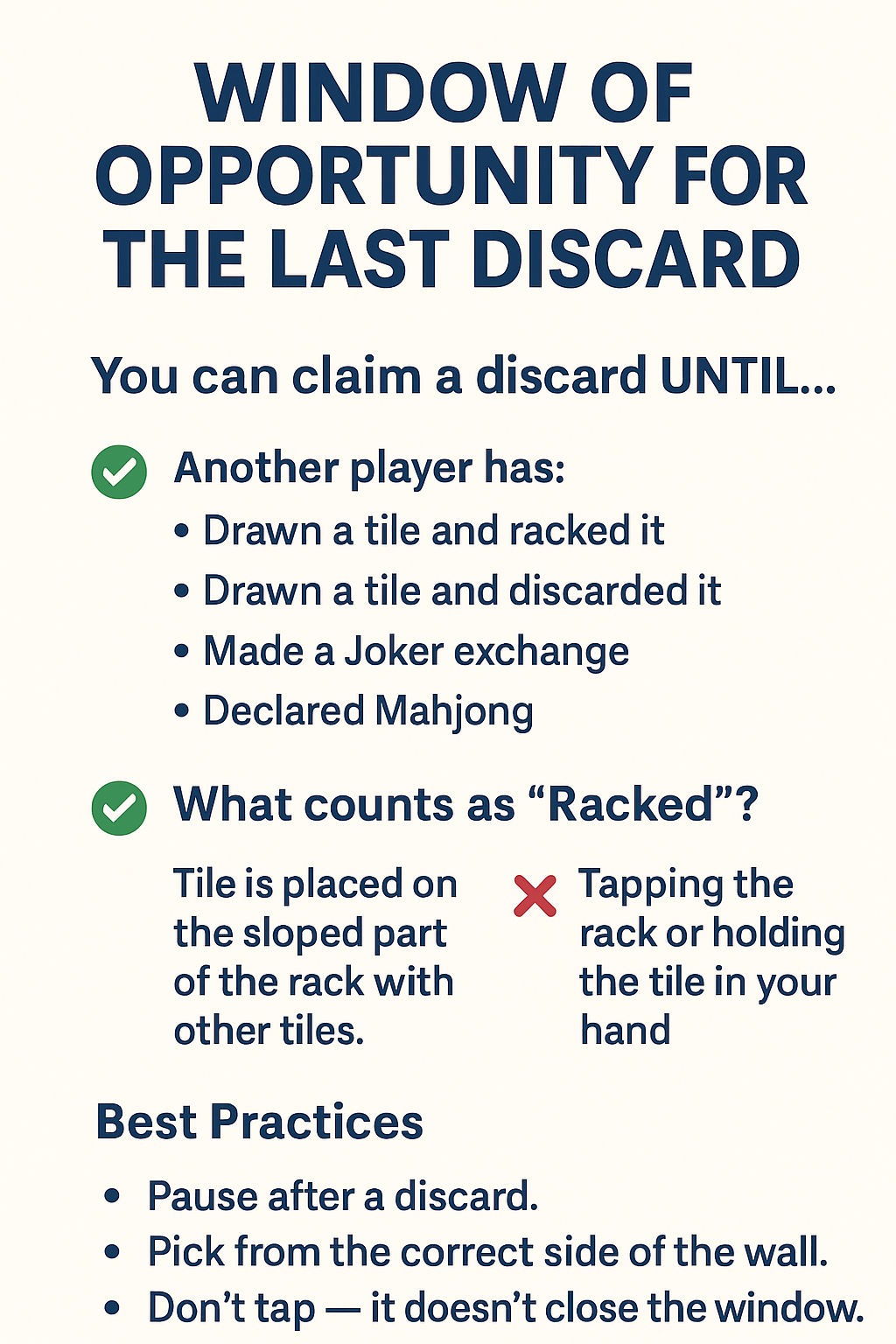 American Mah Jongg infographic on discard rules: when the window closes, what counts as racked, and best practices.