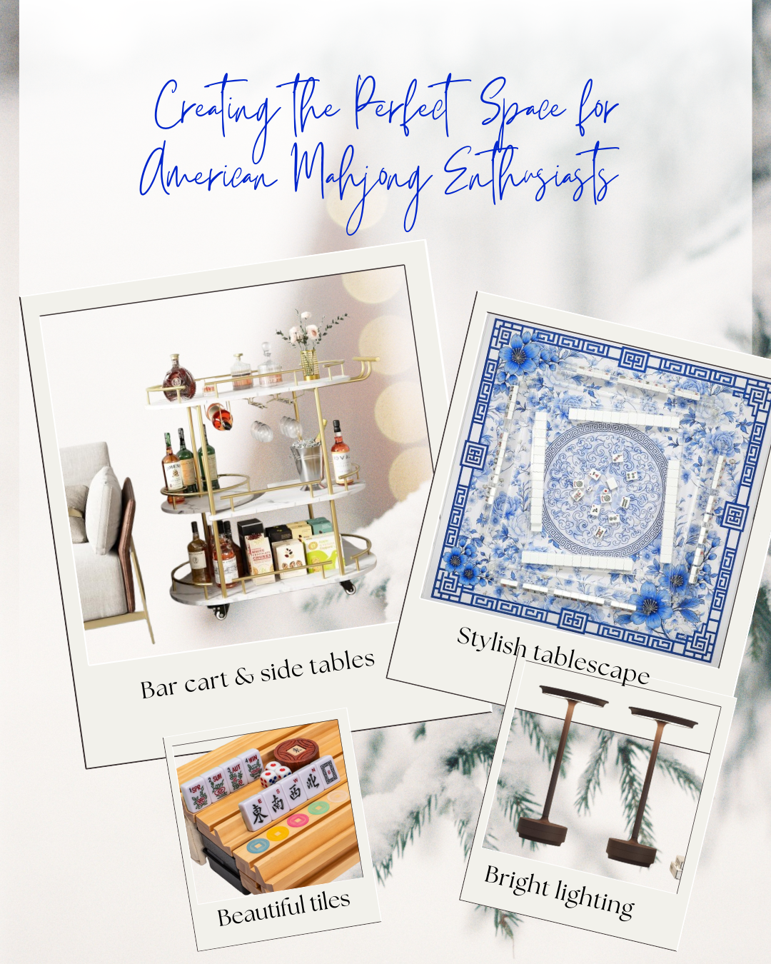 Creating the Perfect Mahjong Space for American Mahjong Enthusiasts Quick Setup Checklist ✓ Stylish mat for quieter play ✓ Bright lighting ✓ Bar Cart and Side Tables for Snacks & drinks ✓ Fresh tablecloth for style Beautiful tiles & accessories