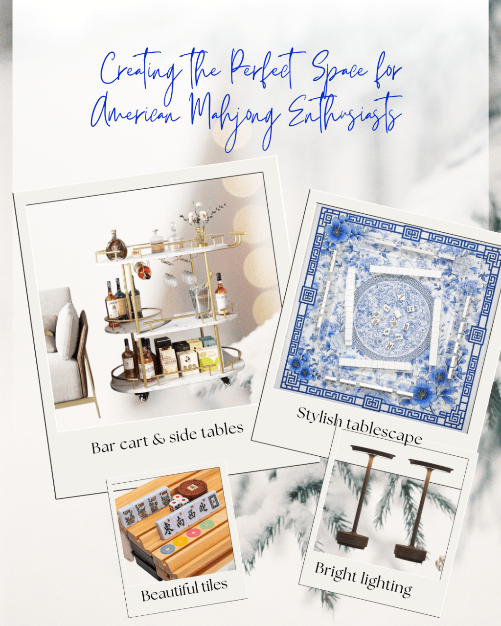 Creating the Perfect Mahjong Space for American Mahjong Enthusiasts Quick Setup Checklist ✓ Stylish mat for quieter play ✓ Bright lighting ✓ Bar Cart and Side Tables for Snacks & drinks ✓ Fresh tablecloth for style Beautiful tiles & accessories