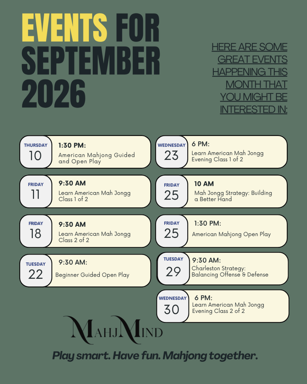 American Mahjong September 2026 Events with Mahj Mind