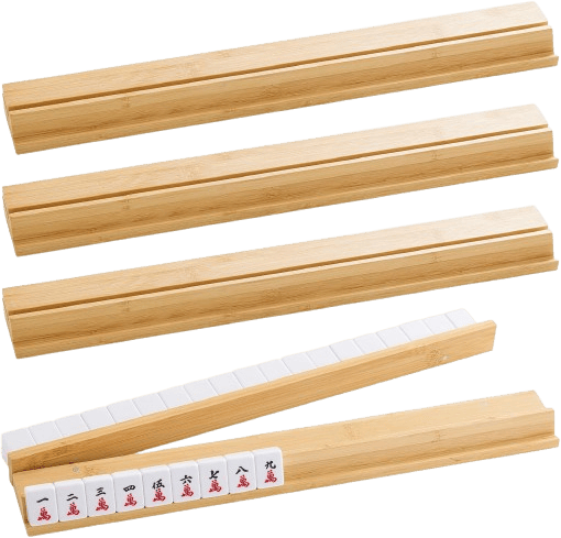 Bamboo Mahjong tile racks holding white Mahjong tiles with red symbols, arranged in a way that showcases the tiles and their storage.