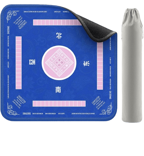A blue game mat designed for tabletop gaming, featuring a central circular design with various markings and sections, accompanied by a grey storage bag.