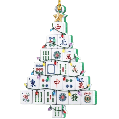 A decorative Christmas tree made from Mahjong tiles, featuring various symbols and characters, adorned with colorful lights and a gold star on top.