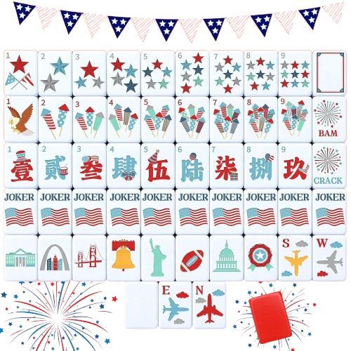 A colorful set of Mahjong tiles featuring patriotic themes, including stars, eagles, and fireworks, alongside symbols like the Statue of Liberty and various landmarks against a backdrop of bunting.