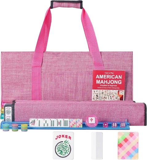 A pink carrying case containing American Mahjong game, complete with tiles, dice, and a rulebook.
