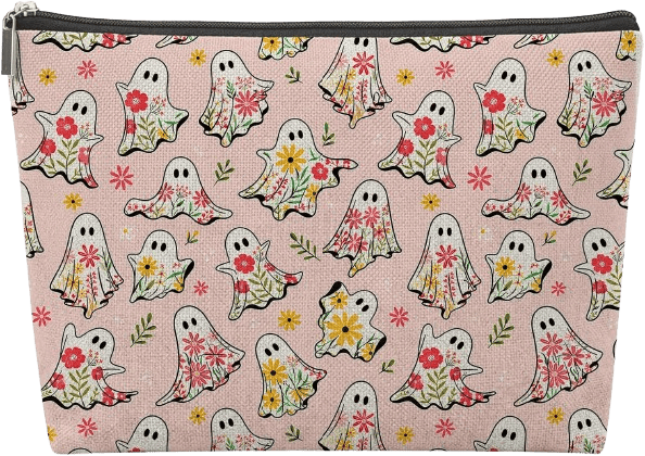 A pink pouch featuring a playful pattern of cheerful ghosts adorned with colorful flowers and leaves.