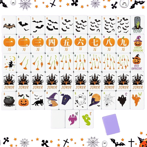 A colorful Halloween-themed set of Mahjong tiles featuring pumpkins, bats, witches, ghosts, and other spooky designs arranged in a grid pattern.