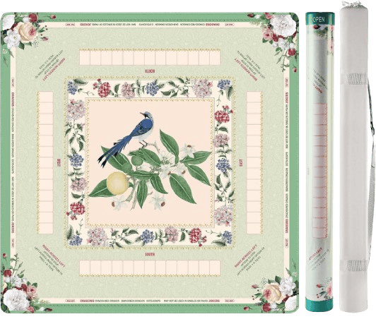 An illustrated game board featuring floral designs and a blue bird in the center, along with empty spaces for player entries and directional elements labeled as North, East, South, and West.