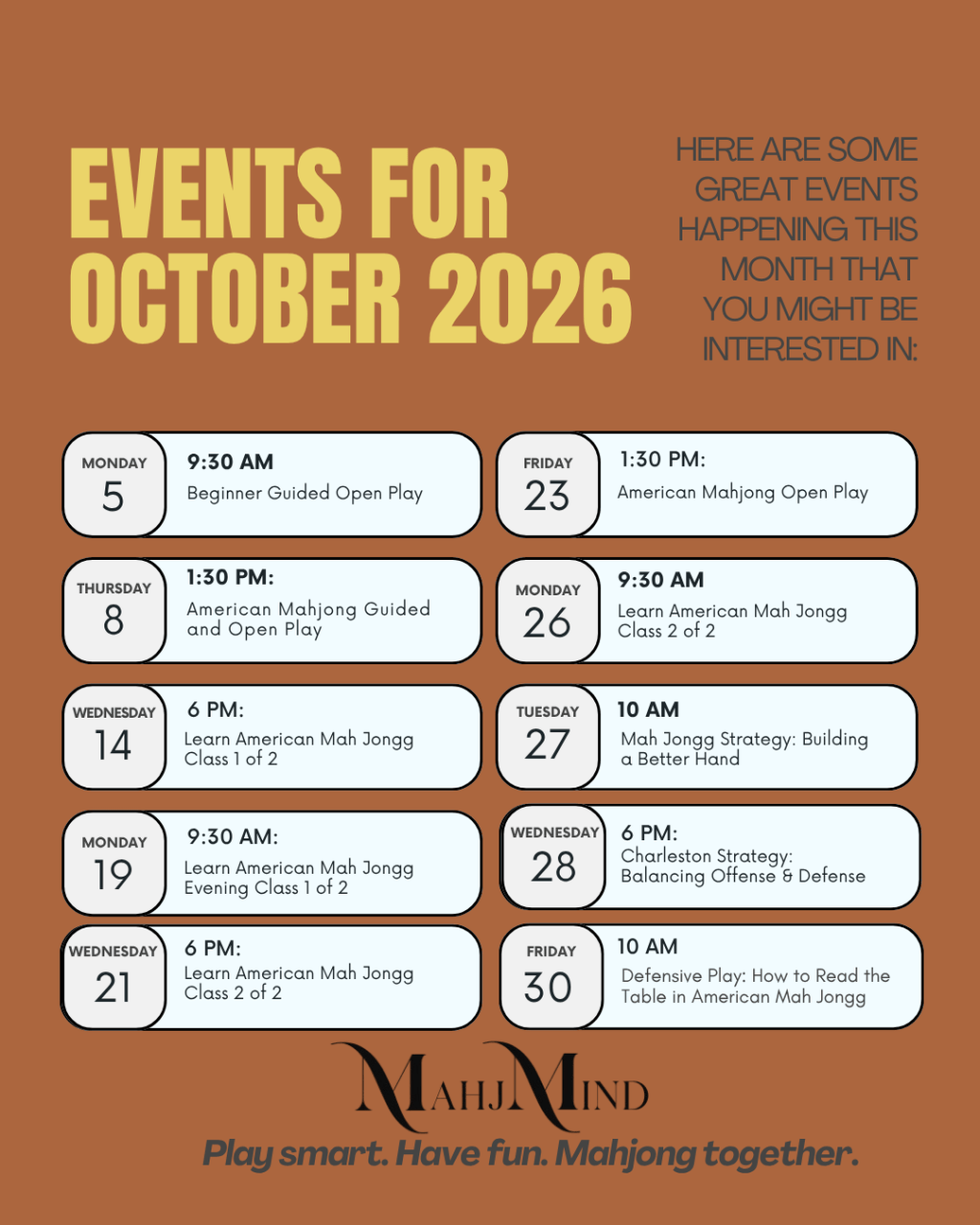 American Mahjong with Mahj Mind Calendar for October 2026