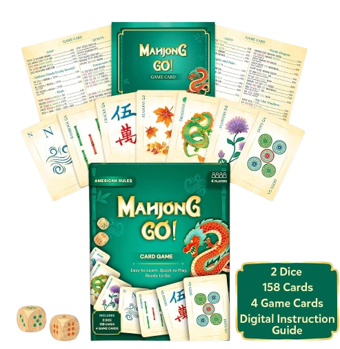 Mahjong Go! card game box and components featuring colorful game cards, dice, and instruction guide.