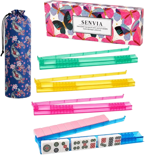 A collection of colorful Mahjong racks in yellow, green, pink, and blue displayed with a patterned storage pouch and a decorative box labeled 'Senvia'.