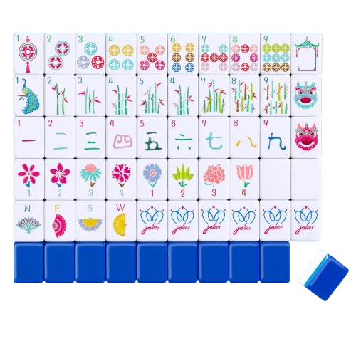A close-up view of a Mahjong tile set, featuring various decorated tiles with symbols such as flowers, dragons, numbers, and the word 'joker' in the bottom row.