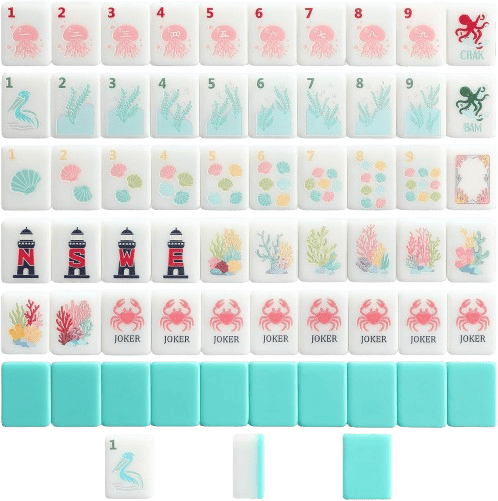 A collection of colorful Mahjong tiles featuring various sea-themed designs, including jellyfish, seaweed, shells, lighthouses, and corals. The tiles are arranged in rows with some labeled as 'JOKER.'